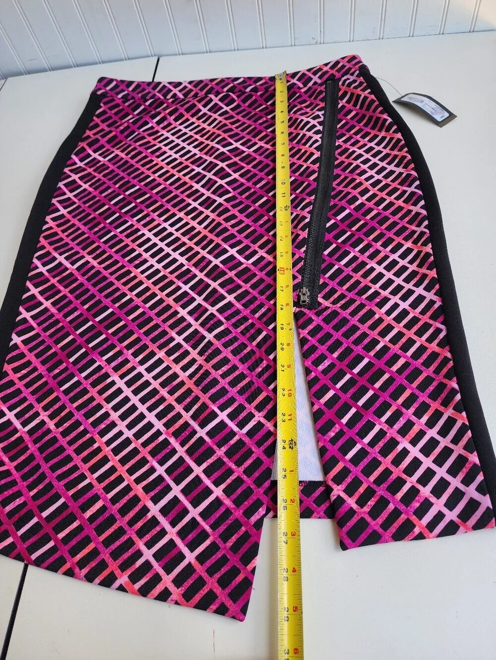 NWT Worthington Exposed-Zip Print Envelope Skirt Coral Pink Black Stretch Sz 14